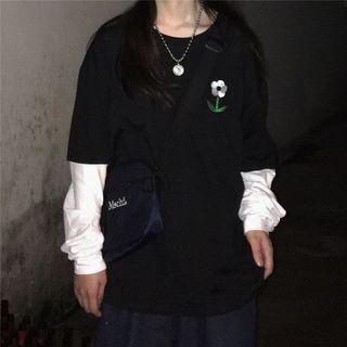 Long-sleeve Mock Two-piece Flower Embroidered T-shirt Black - One Size