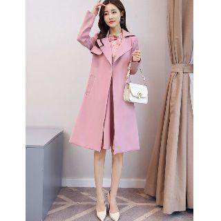 Set Of 3: Notched-lapel Coat + Long-sleeve Printed Top + A-line Skirt