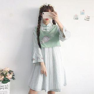 Mock Two Piece Long-sleeve Dress Green - One Size