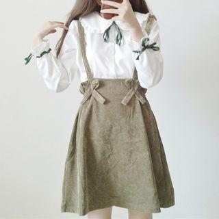 Set: Peter-pan-collar Blouse + High Waist Suspender Skirt