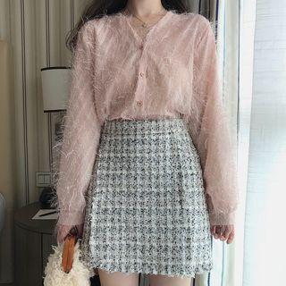 Fringed Long-sleeve Blouse / Mini A-line Skirt