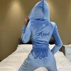 Set: Letter Embroidered Hooded Zip Jacket + Cropped Harem Pants