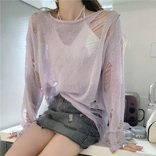 Long-sleeve Distressed Top Light Purple - One Size