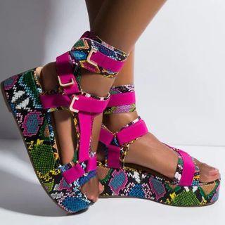 Python Print Adhesive Tab Ankle-strap Platform Sandals