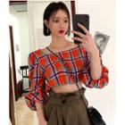 Plaid Square-neck Elbow-sleeve Blouse Plaid - Tangerine - One Size