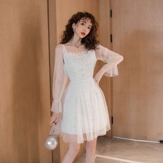 Mesh Panel Square-neck A-line Mini Dress