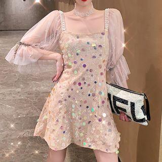 Elbow-sleeve Sequined Mesh Mini Sheath Dress