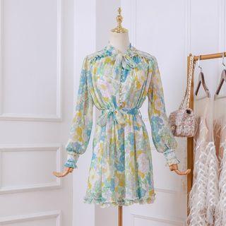 Flower Print Tie-waist Long-sleeve Mini Dress