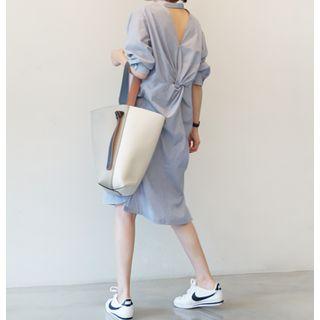 3/4-sleeve Twisted Back Shirtdress Blue - One Size