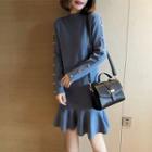 Long-sleeve Embellished Ruffle Hem Midi Knit Dress