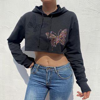 Long Sleeve Butterfly Rhinestone Crop Sweatshirt