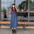 Long-sleeve Striped T-shirt / Denim Jumper Dress