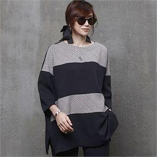 Round-neck Plaid-panel Oversized Blouse