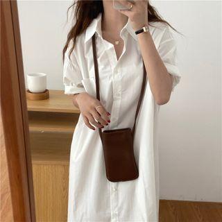 Elbow-sleeve Plain Midi Shirt Dress