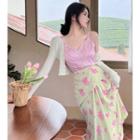 Plain Light Jacket / Camisole Top / High-waist Floral Print Maxi Skirt