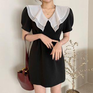 Balloon-sleeve Mesh Collar A-line Dress