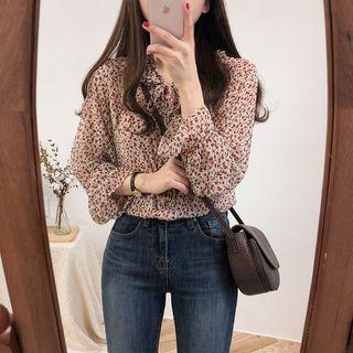 Floral Long-sleeve Loose-fit Blouse / Plain Jumper Dress