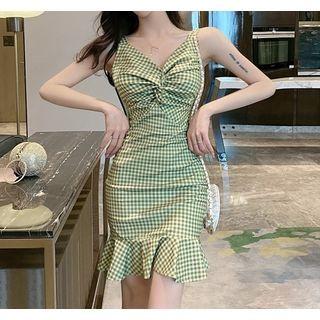 Plaid Spaghetti-strap Ruffle Hem Mini Sheath Dress