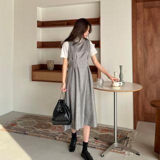 Sleeveless Pintuck-waist Herringbone Dress