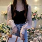 Puff-sleeve Two-tone Blouse Black & Champagne - One Size