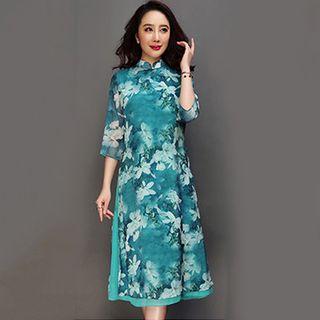3/4-sleeve Floral Panel Dress