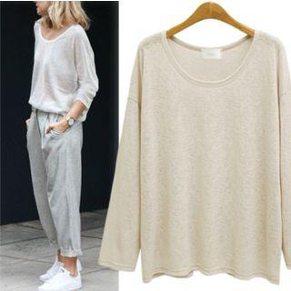 Long-sleeved Oversized Crewneck Sheath Plain Slim T-shirt