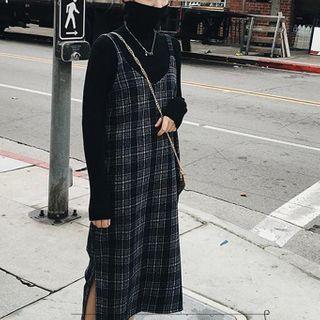 Set: Turtleneck Plain Knit Top + Plaid Midi Overall Dress
