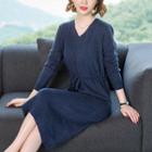 Long-sleeve Drawstring Waist Midi Knit Dress
