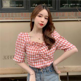 Plaid Puff-sleeve Frill-trim Blouse As Shown In Figure - One Size