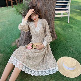 Lace Trim Floral Print Long-sleeve A-line Dress