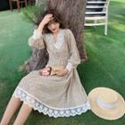 Lace Trim Floral Print Long-sleeve A-line Dress