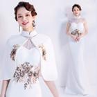 Cap-sleeve Floral Embroidered Sheath Evening Gown