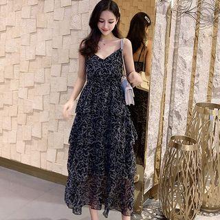 Spaghetti-strap Floral Print Chiffon Layered Dress