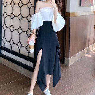 Off-shoulder Puff-sleeve Top / Asymmetric Midi A-line Skirt