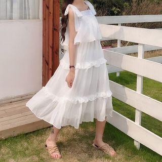 Tie-shoulder Ruffled Midi Layered Dress White - One Size