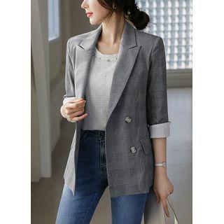 3/4-sleeve Peaked-lapel Plaid Blazer