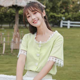Short-sleeve Lace Trim Buttoned Blouse