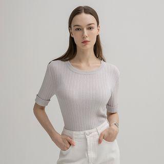 Rollup-sleeve Ribbed Knit Top