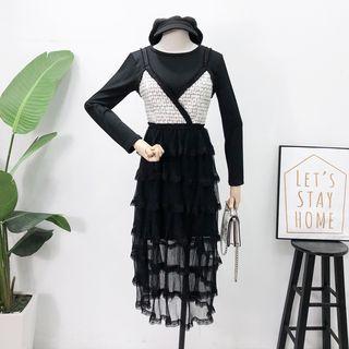 Set: Patchwork Sleeveless Mesh Dress + T-shirt Dress