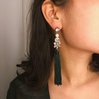 Rhinestone Tassel Dangle Earring 1 Pair - Green Tassel - Gold - One Size