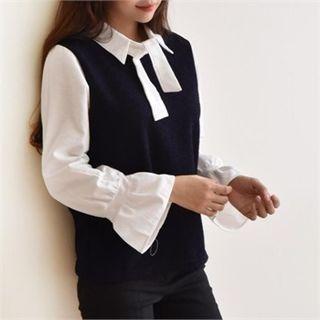 Inset Sleeveless Knit Top Tie-neck Blouse