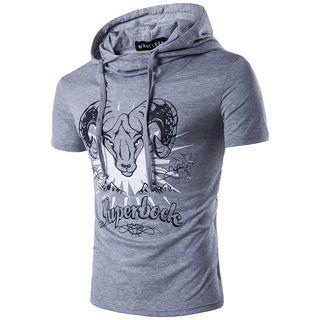 Short Sleeve Sheep Print Hooded T-shirt