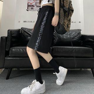 Lettering Drawstring Waist Straight-cut Shorts