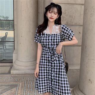Lace-panel Check Short-sleeve Dress