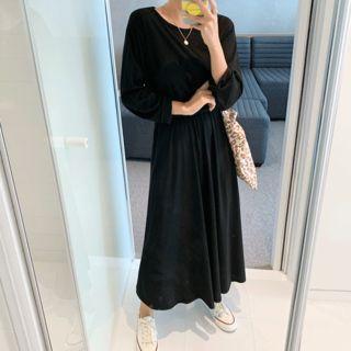 Gathered-waist Long Flare Dress