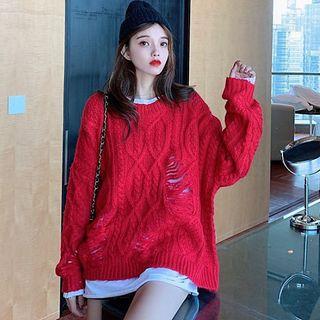 Ripped Chunky Sweater / Plain Long-sleeve T-shirt