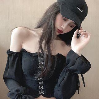 Mesh-sleeve Cold-shoulder Top Black - One Size