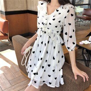 Puff-sleeve Heart Printed Ruffled Dress