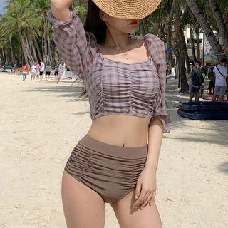 Set: Elbow-sleeve Plaid Swim Top + Bottom