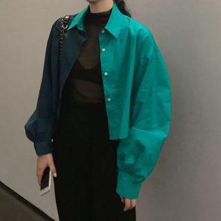 Two-tone Lantern-sleeve Cropped Shirt As Shown In Figure - One Size